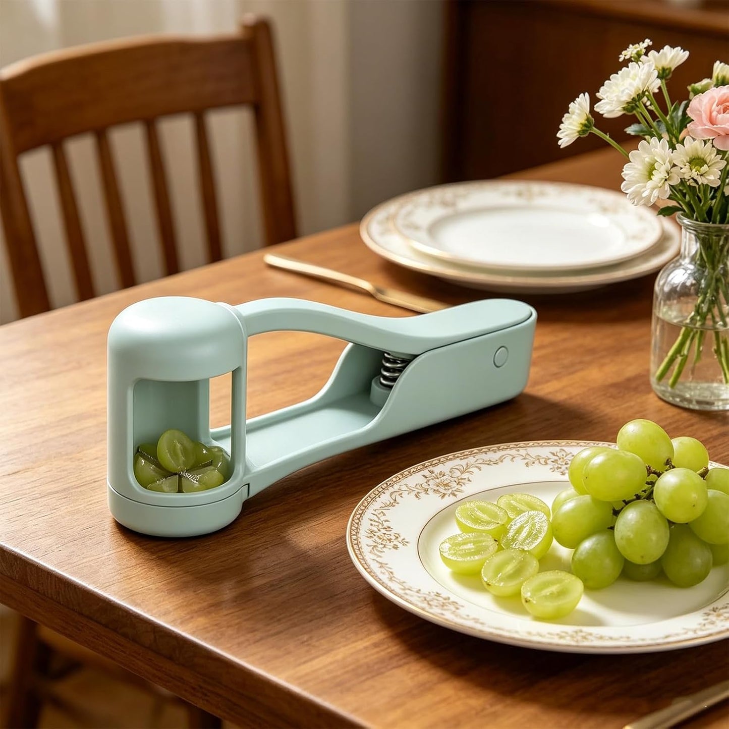 Skiennix Grape & Cherry Tomato Cutter - One-Second Handheld Fruit Slicer for Small Fruits (D)