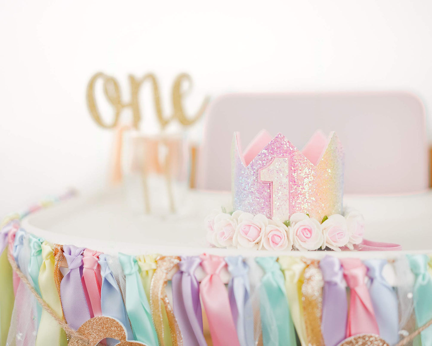 PapaKit Girls 1st Birthday High Chair Premium Decoration Set - Pastel Rainbow Ribbon Garland, Crown, One Banner & Cake Topper | Unicorn, Donut & Ice Cream Theme Cake Smash Photo Pro