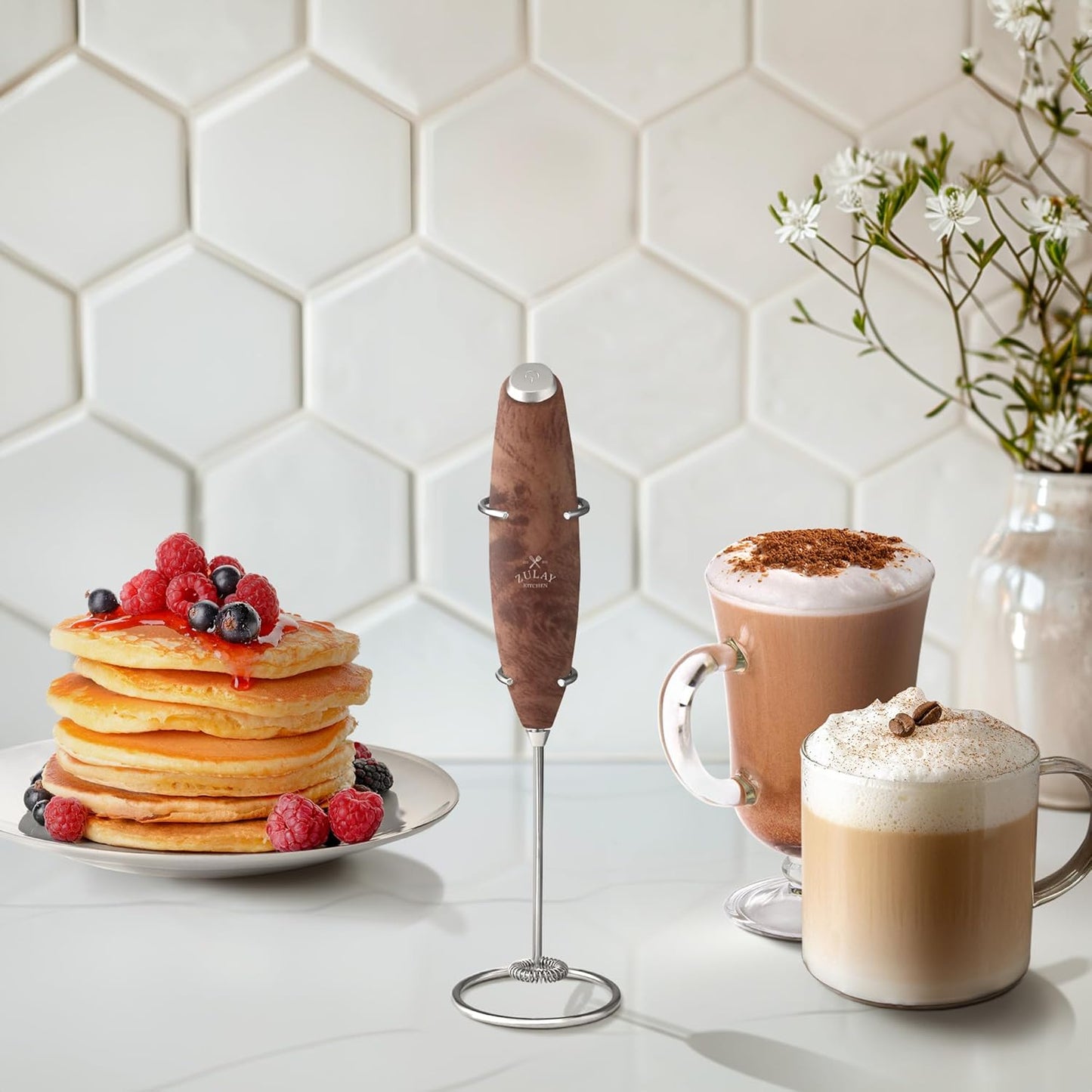 Zulay Kitchen Milk Frother Wand - Ultra-Fast Handheld Drink Mixer with 4 AA Batteries - Walnut Finish