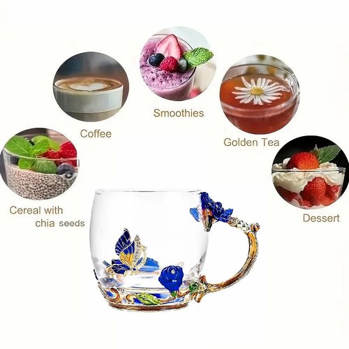 FDINF Tea Cup Gifts for Mom Women Mothers Day Glass Coffee Enamels Mug Birthday Butterfly Rose Gifts for Her Valentines Day Christmas Tea Cup with Spoon