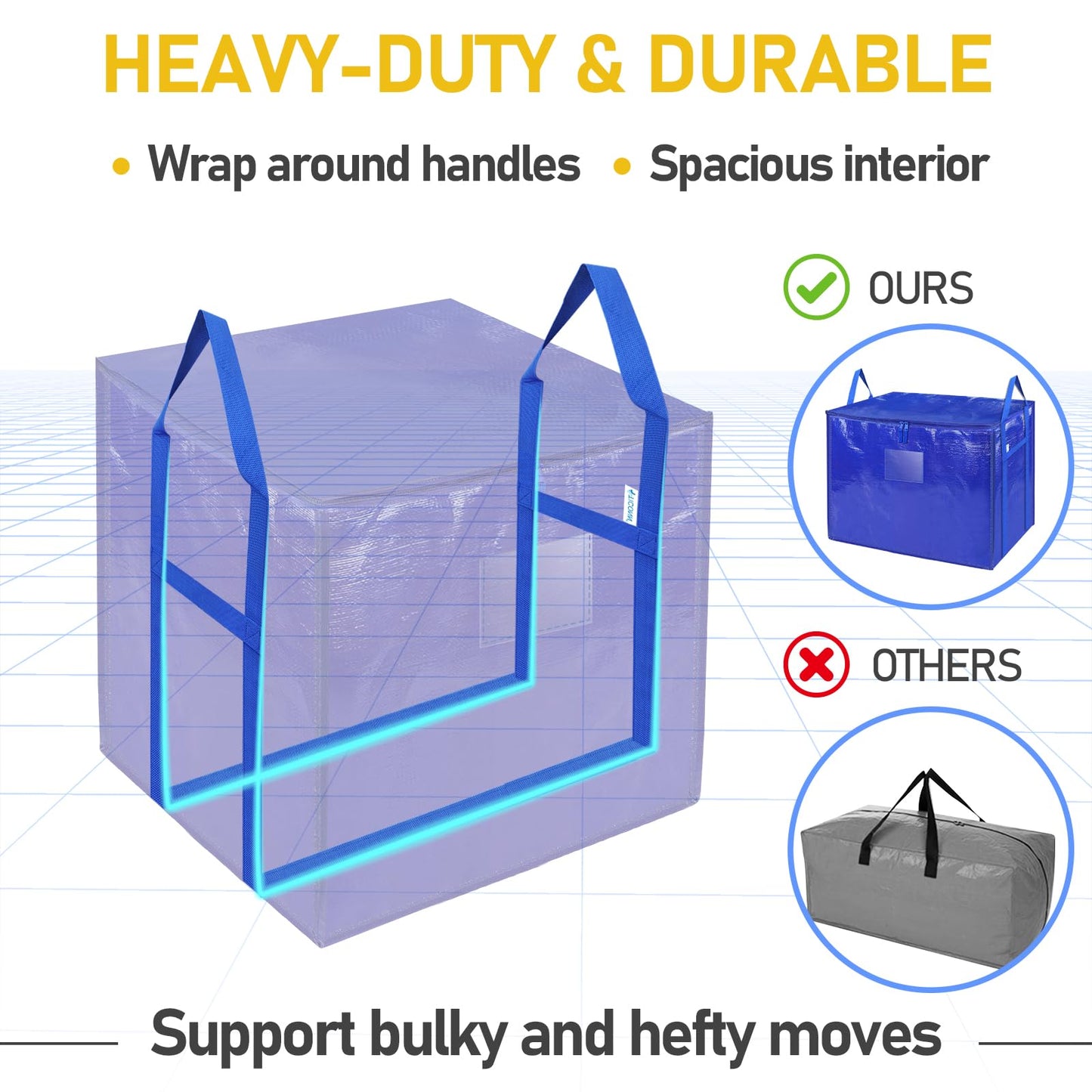 TICONN 2 Pack Extra Large Moving Bags with Zippers & Carrying Handles, Heavy-Duty Storage Tote Moving Boxes for Space Saving (2 PK, 60 Gallon)