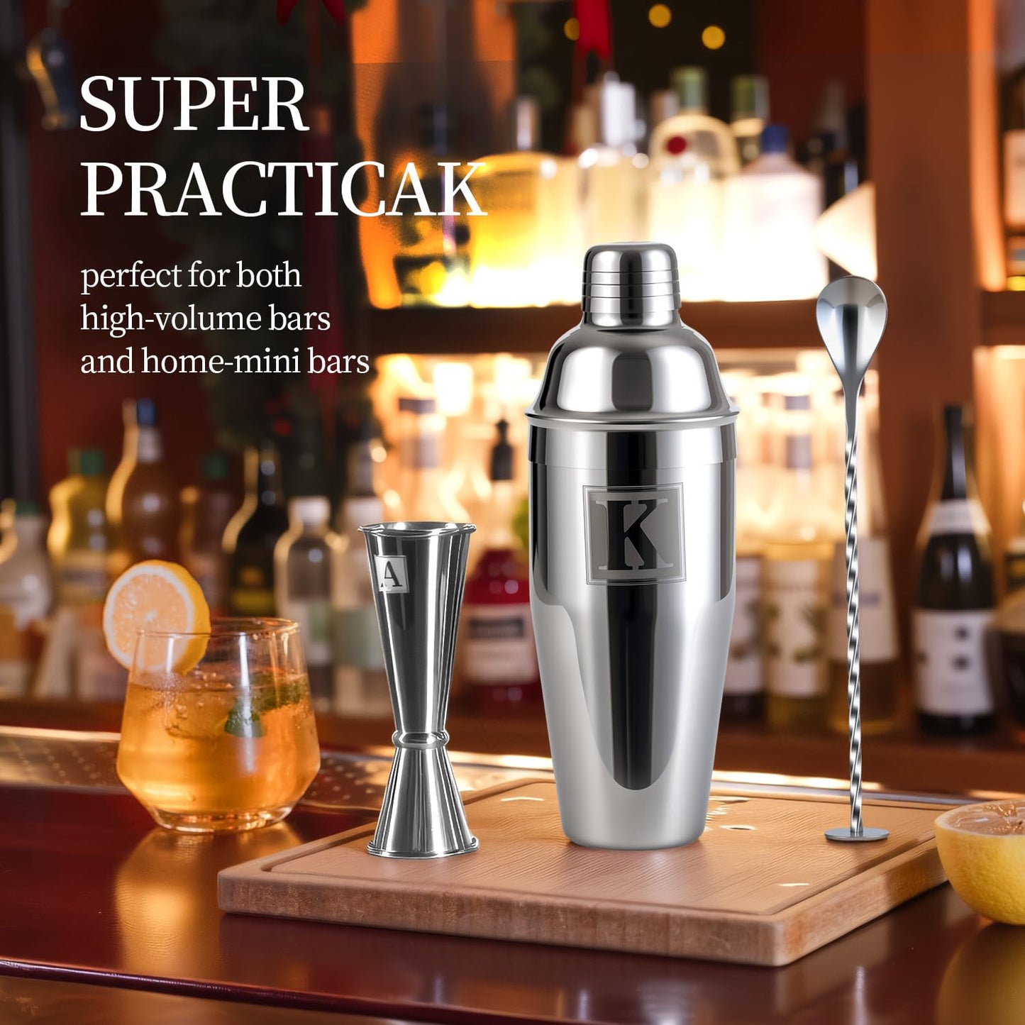 Thecosky 24oz Cocktail Shaker Set with Minimun 1/8oz Scale 1 oz 2oz Jigger - Monogramm Initials Martini Shaker Set - 304 Stainless Steel Bar Shaker - Personalized Gift for Friend,Husband-Blank