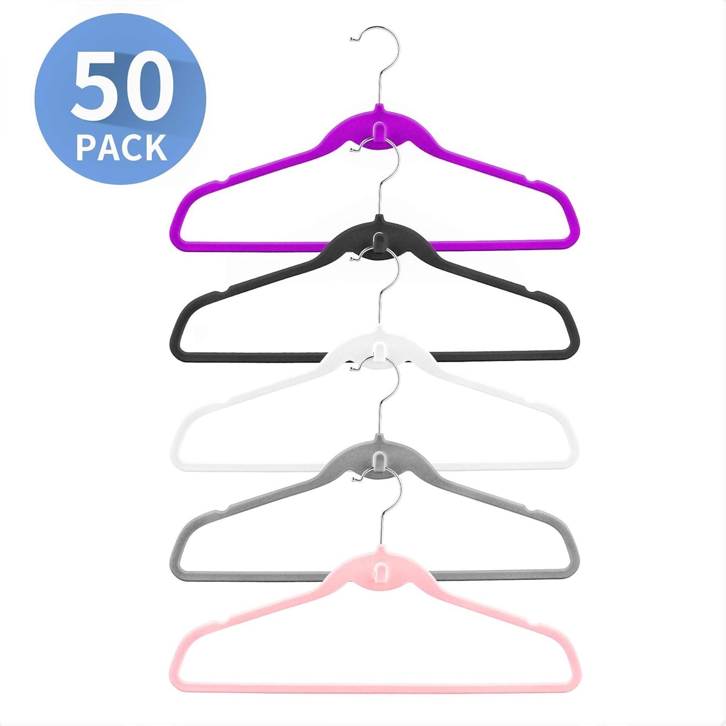 Skiennix Multi-Color Velvet Hangers - 50 Pack Non-Slip Cascading Hooks in Black, Pink, White, Grey & Purple