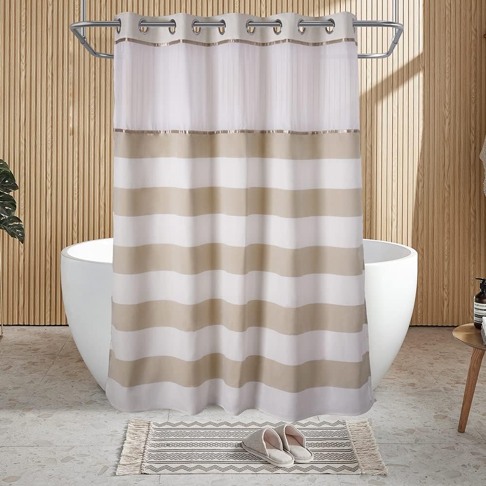 Skiennix Hook-Free Shower Curtain - 71"W x 74"H Light Beige & White Stripe with Mesh Window