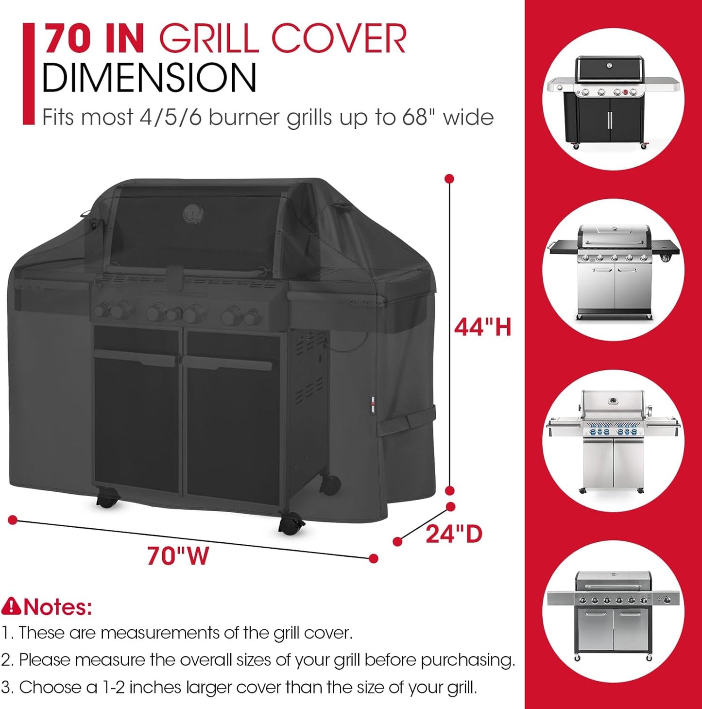 Unicook Grill Cover - 70 Inch Heavy Duty Waterproof BBQ Cover with Side Handles & Air Vents | Black