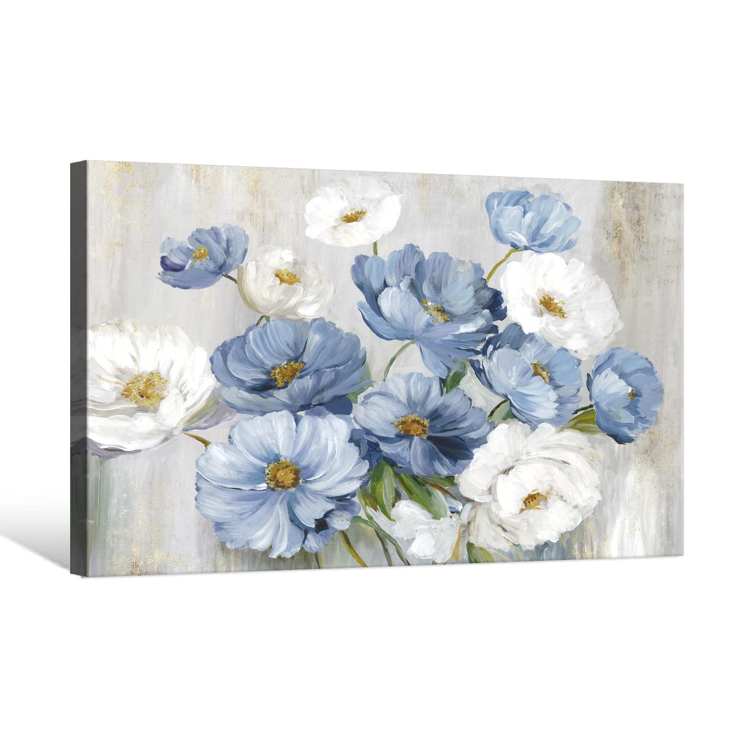 Goldfoilart Blue Flower Wall Art Light Blue and White Floral Canvas Print, 36"x24" Large Modern Flower Picture for Living Room Bedroom Bathroom Home Decor