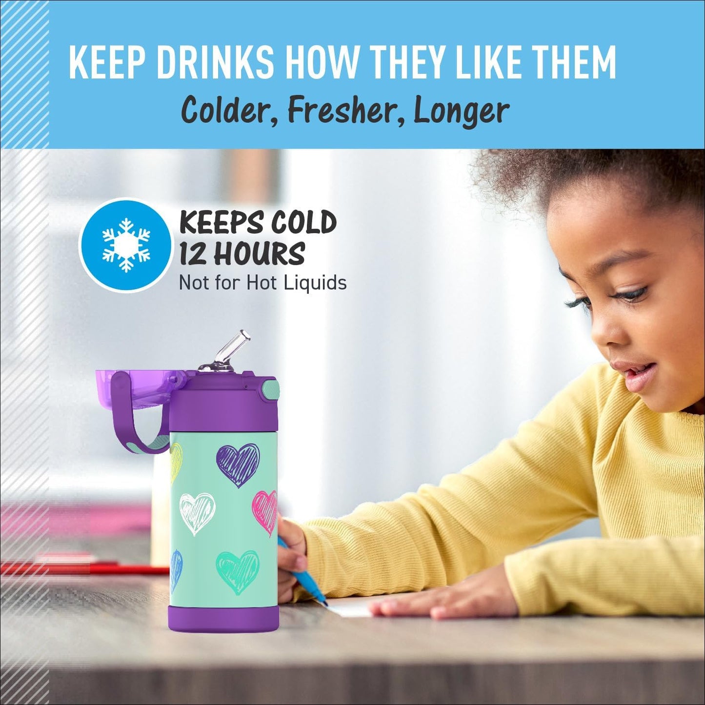 THERMOS FUNTAINER Water Bottle - 12 Ounce Kids Stainless Steel Vacuum Insulated with Straw | Hearts Design