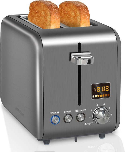SEEDEEM 2-Slice Stainless Steel Toaster - LCD Display, 7 Shade Settings, 1.4'' Wide Slots, Bagel & Defrost Functions