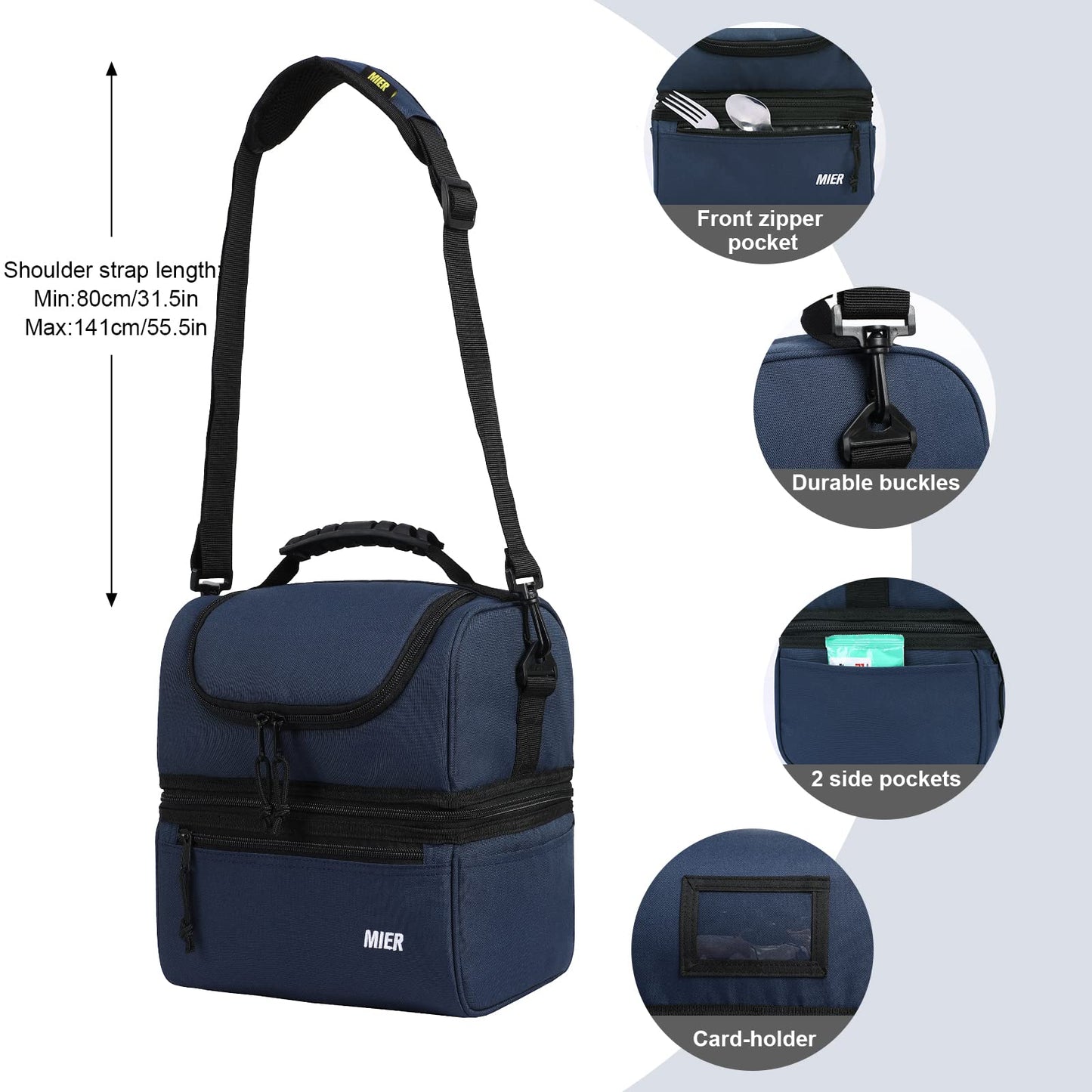 MIER Adult Lunch Box Insulated Lunch Bag Large Cooler Tote Bag for Men Women to Work Travel Daytrip, Double Deck Cooler (Navy, Large)