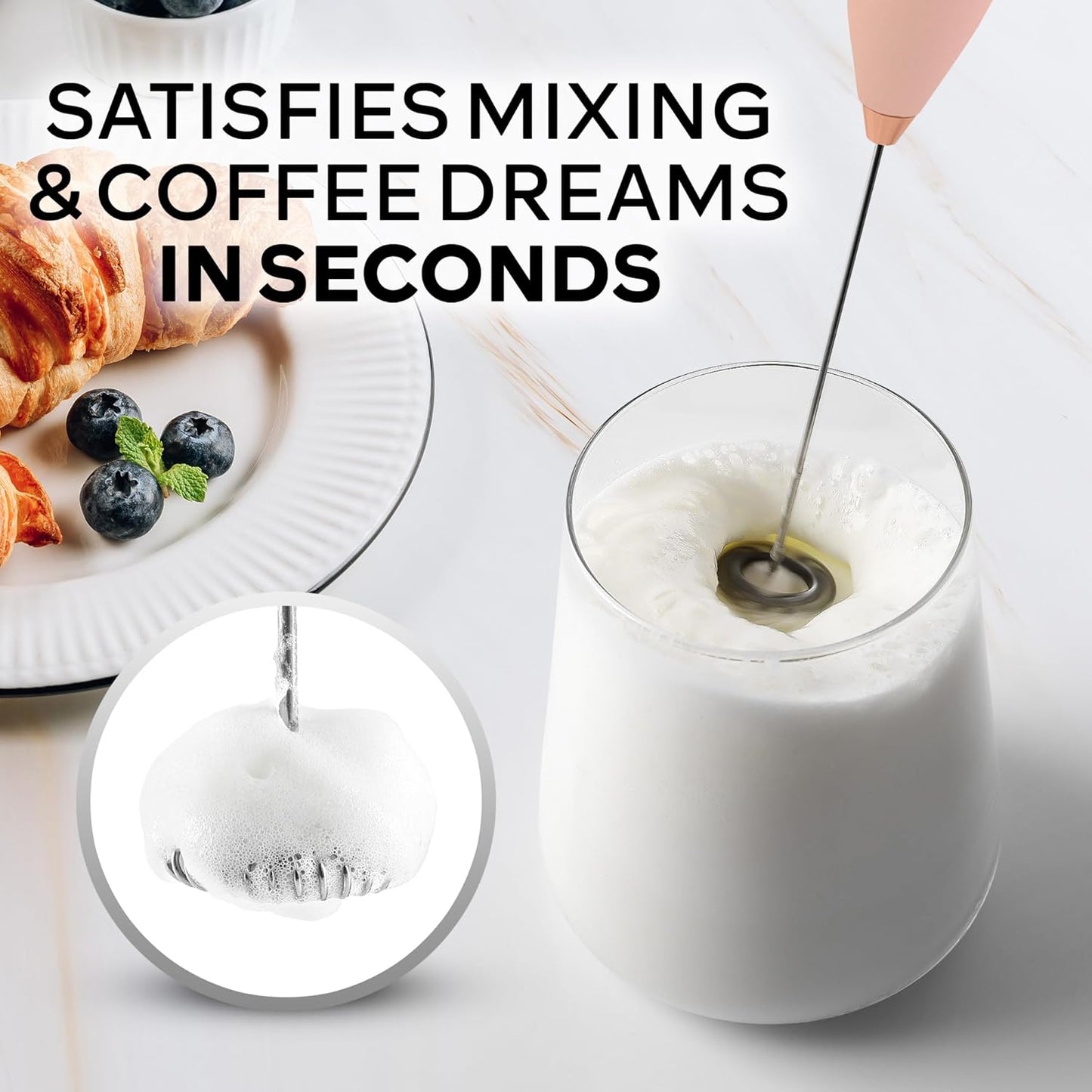 Zulay Kitchen Milk Frother Wand - Ultra-Fast Handheld Electric Whisk for Coffee & Lattes - Rose Peach
