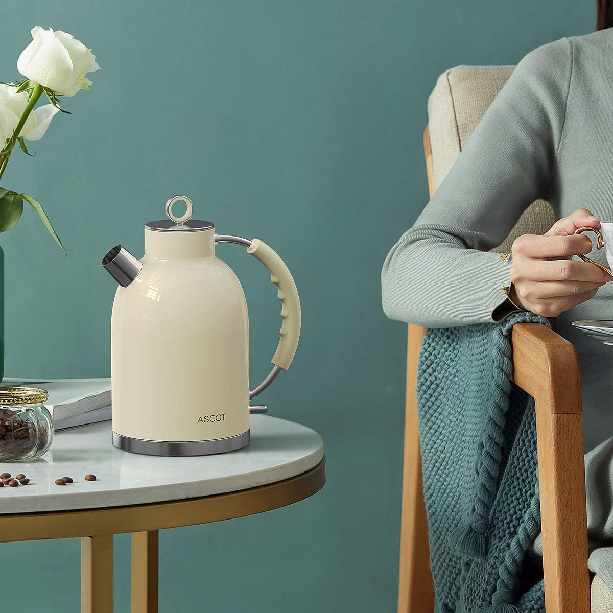 ASCOT Electric Kettle, Stainless Steel Electric Tea Kettle Gifts for Men/Women/Family 1.5L 1500W Retro Tea Heater & Hot Water Boiler, Auto Shut-Off and Boil-Dry Protection (Cream)