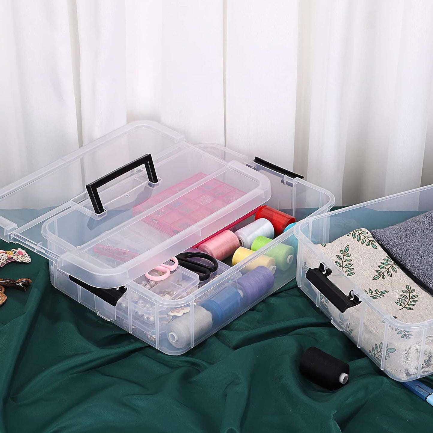 JUXYES Stackable Storage Box - 2-Tier Transparent Container with Handle for Office & School Supplies