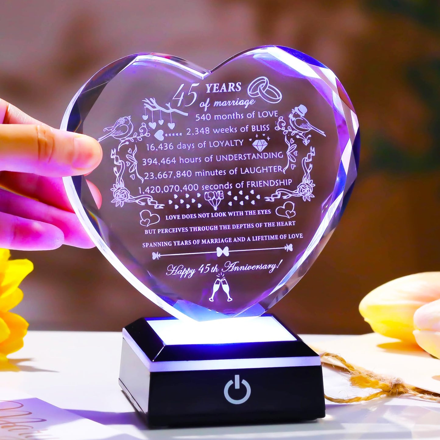 YWHL 45th Wedding Anniversary Crystal Gifts with Colorful LED Base Engraved Happy 45th Anniversary Heart Keepsake Gift for Couples Parents Romantic 45 Years of Marriage Gifts for Wife Husband