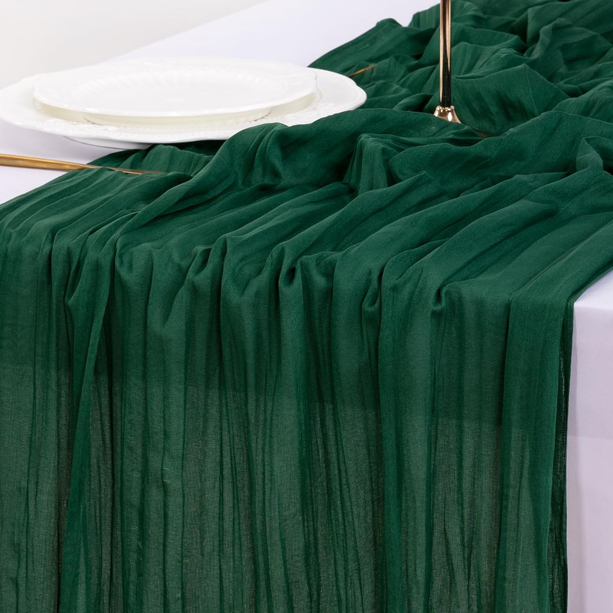 Socomi Emerald Green Cheesecloth Table Runner - 120 Inch Boho Rustic Decor for Weddings & Events