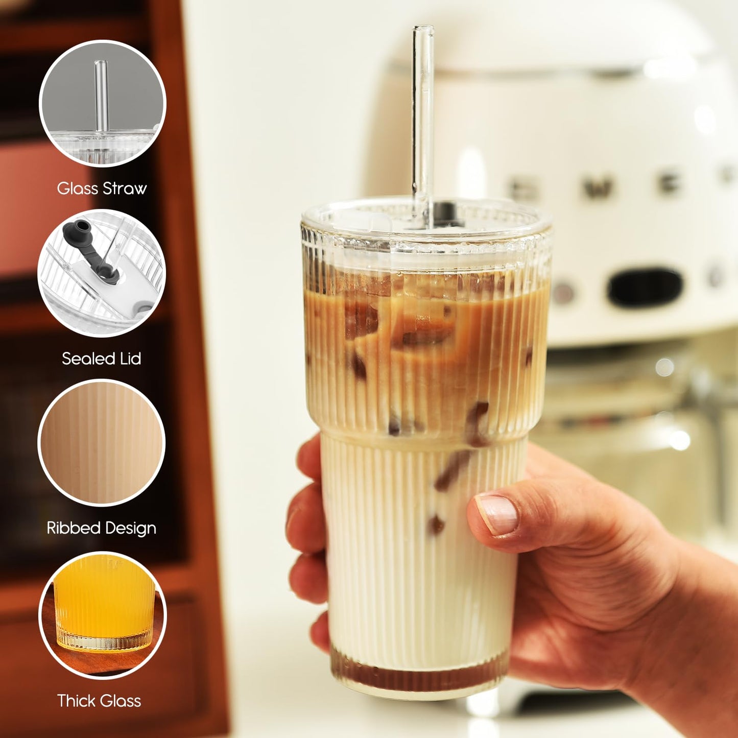 ALINK 20 oz Ribbed Glass Tumbler with Lids and Straws, Ripple Iced Coffee Cups, Thickened Drinking Glasses for Coffee, Smoothies, Cocktail, Juice, Cold Drinks, Pack of 2 - Clear