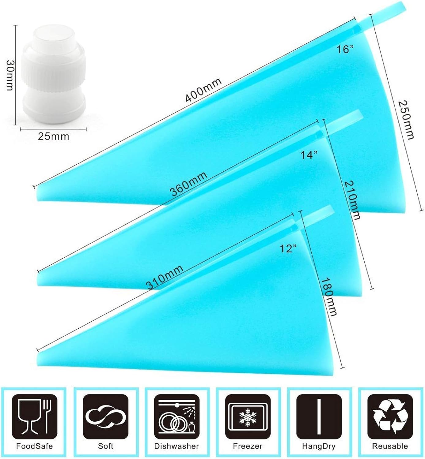 Weetiee Silicone Pastry Bags - Reusable Icing Piping Bags for Cake Decorating - 3 Sizes (12", 14", 16") - 6 Pack with Bonus Couplers