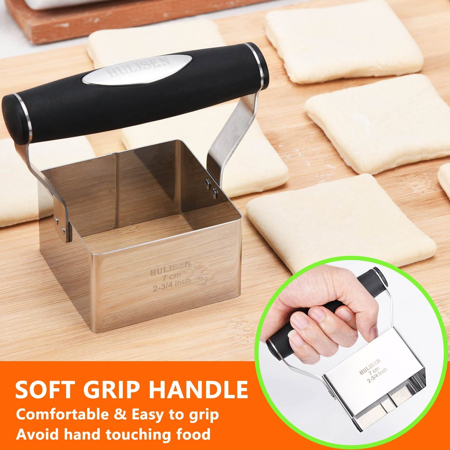 HULISEN Square Biscuit Cutter, 2.75 Inch Stainless Steel Cookie Cutter with Soft Grip Handle for Thick Dough, Professional Baking Dough Tools, Dishwasher Safe, Gift Package (2.75" Square Cutter)