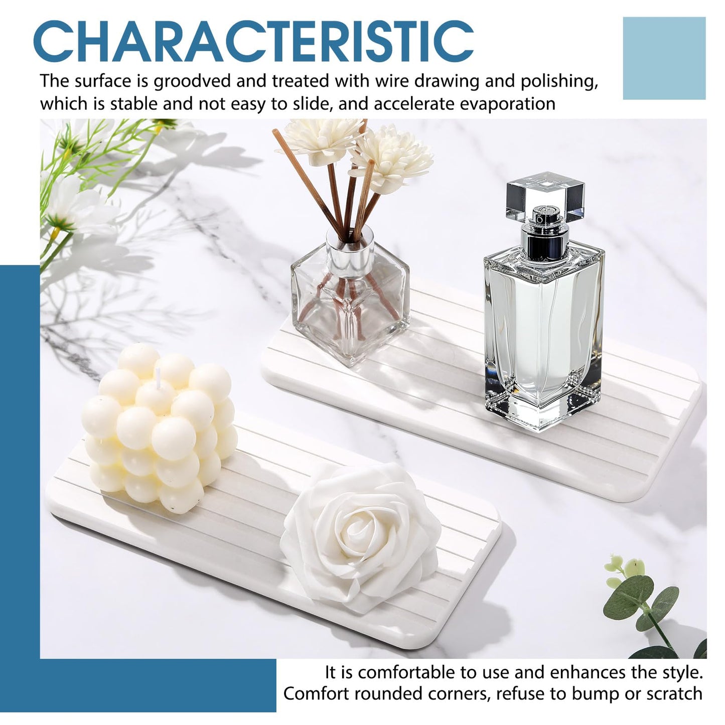 Photect 2Pcs Water Absorbent Diatomite Coasters 8.6x4'' Diatomaceous Earth Drying Ma, Grooved Design Water Absorbing Stone for Home Bathroom Decoration Home Warming Gift (White)