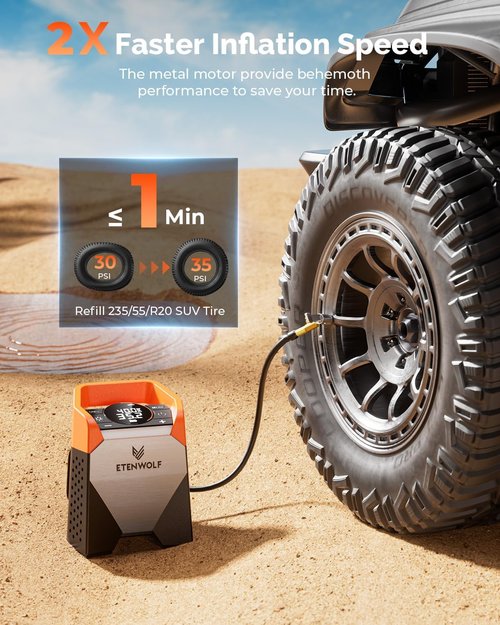 ETENWOLF Zephyr S5 Heavy-Duty Tire Inflator - 160PSI Portable Air Compressor with LED Light | Vivid Orange