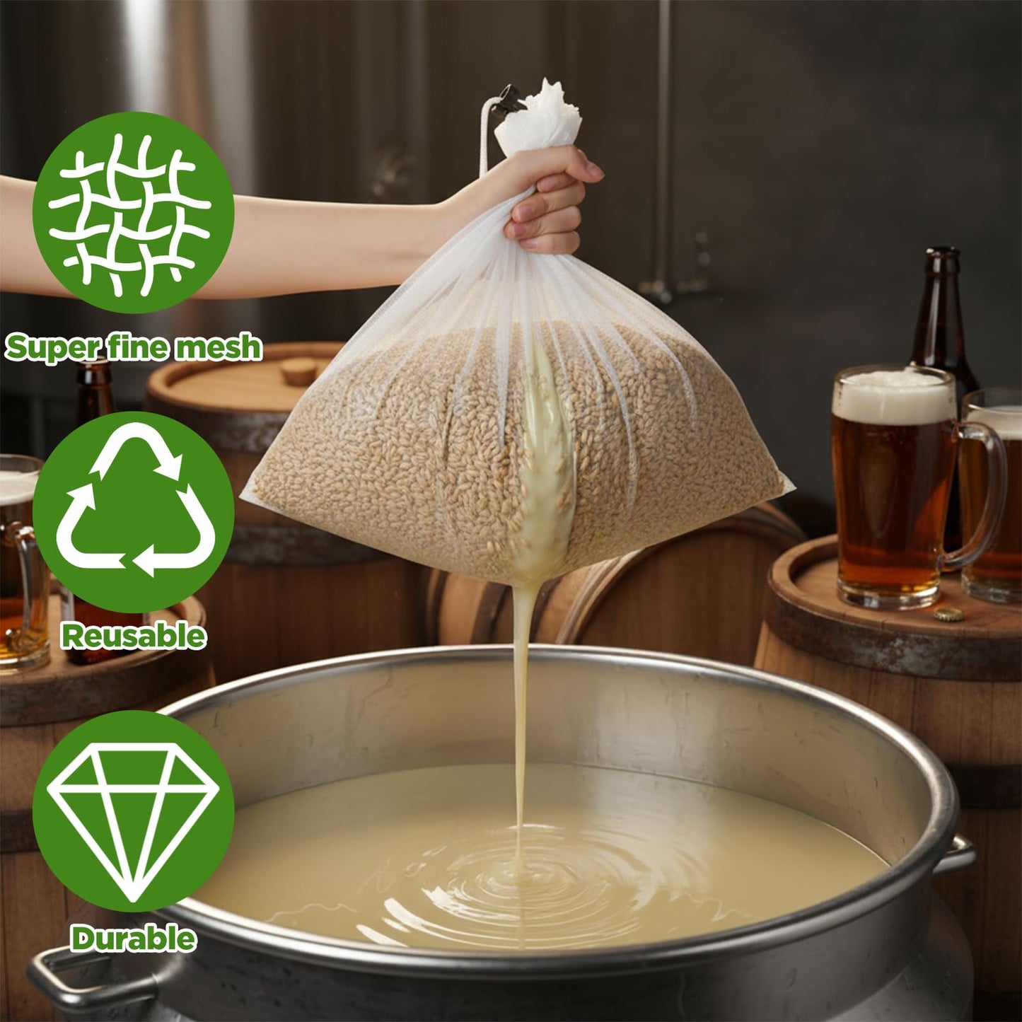 PercyEffie 10 Pack Brew Bags, Extra Large26" x 22" Fine Mesh Strainer Bagfor Homebrewing, Reusable Drawstring Straining Brewer Cheese Cloth Bag, Fine Mesh Bag for Hops Grains Fruit Cider
