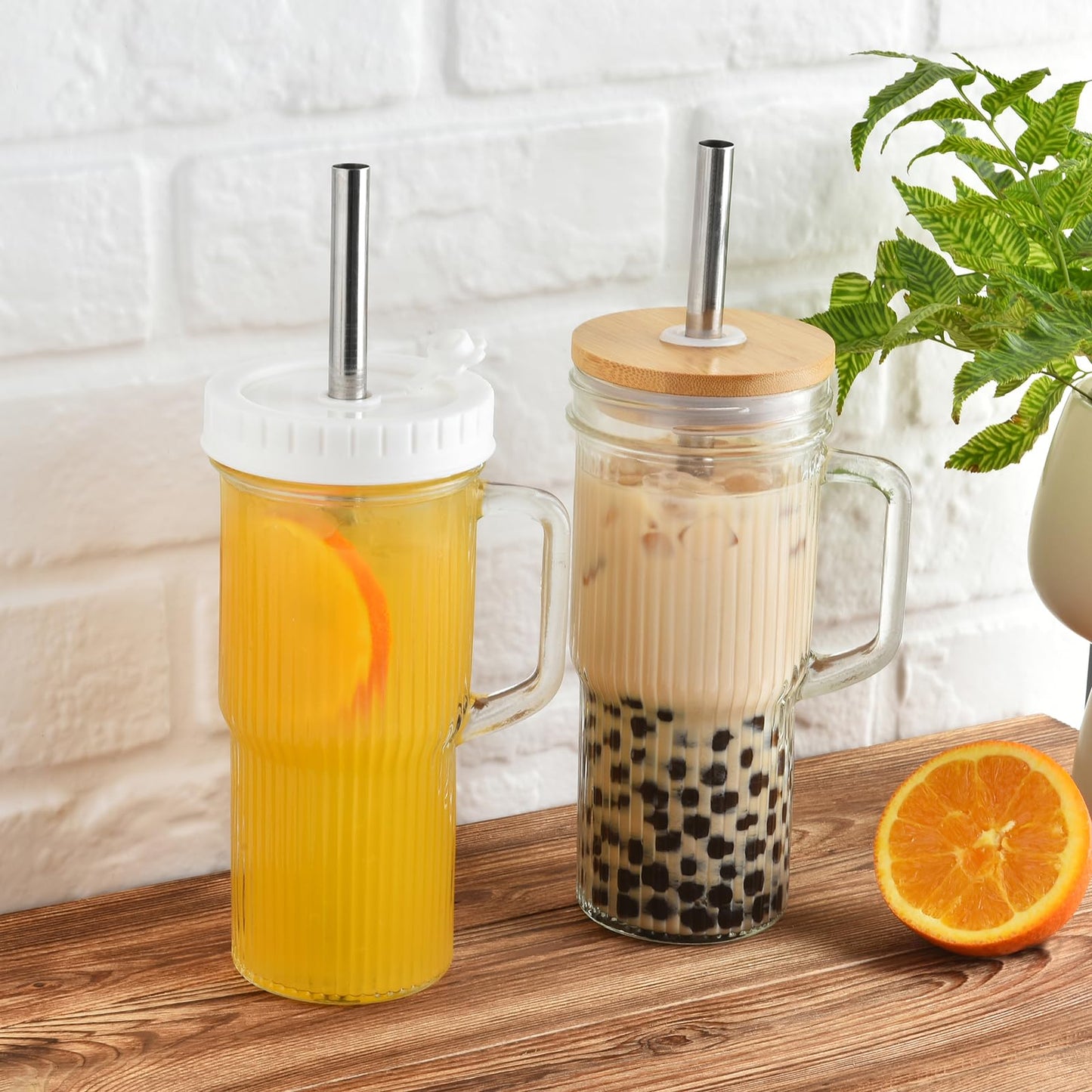 ALINK 24oz Ribbed Glass Cups with Bamboo Lids and Straws, 2-Pack Glass Tumbler with Handle, Reusable Iced Coffee Cups, Wide Mouth Mason Jar Boba Smoothie Cups, Drinking Glasses with 2 Brush