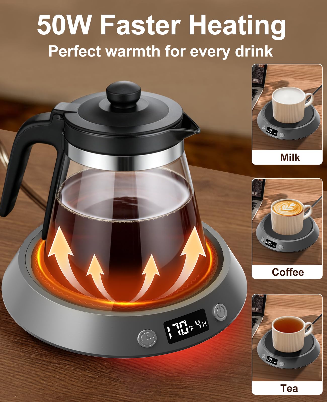 Kepwam Coffee Mug Warmer - 50W Electric Coffee Warmer for Desk 3 Temp Settings & 2-9 Timer Smart Cup Warmer for Desk Candle Warmer Plate with LED Lights Beverage Tea Milk Warmer for Home & Office