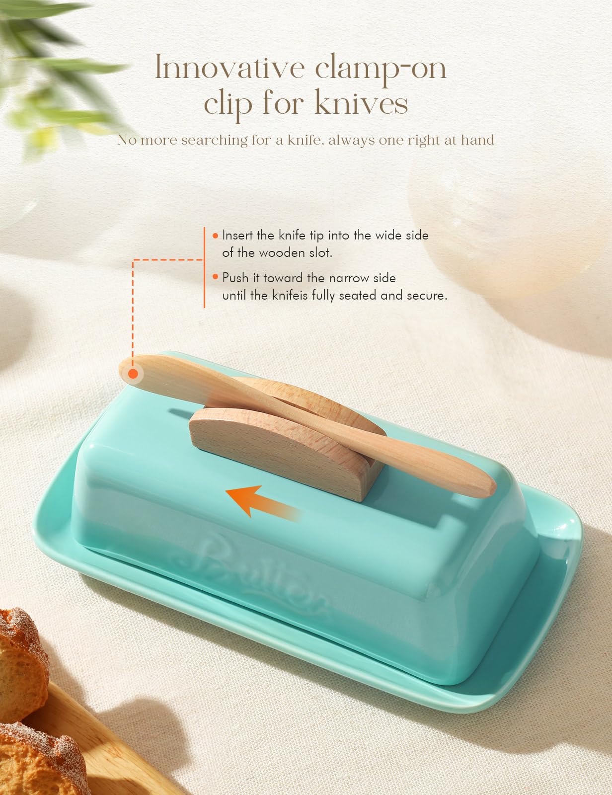 Butter Dish with Lid and Knife Ceramic Butter Holder for Counter Humanized Clamp-able Knife Handle Design, Perfect for East West Coast Butter, Skyblue