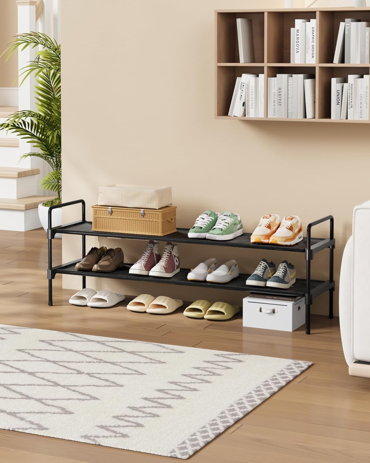 Kitsure Shoe Rack - 2-Tier Long Organizer with Handles & Non-Slip Feet | Rust-Resistant Metal, 36.1" Wide, Black