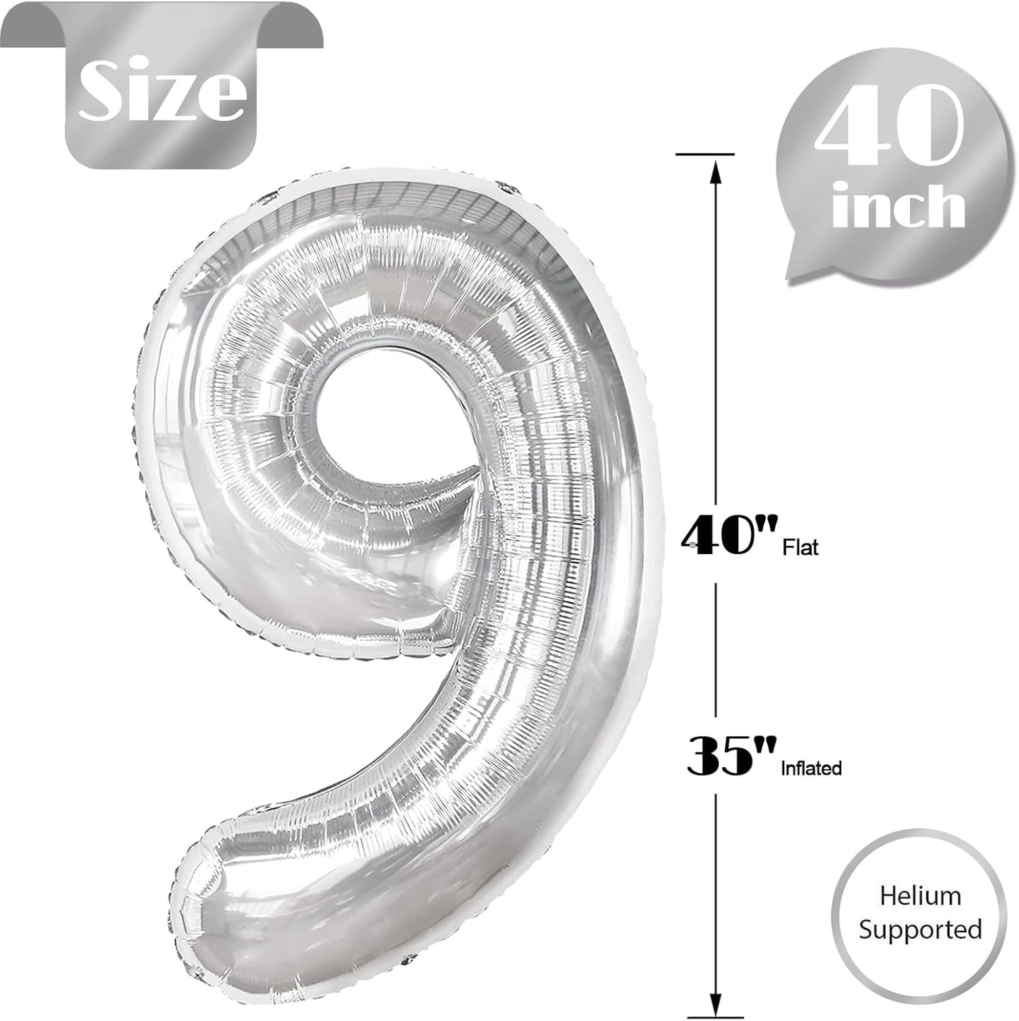 Silver Number 9 Balloon - 40 Inch Giant Foil Balloon for 9th Birthday Party Decorations