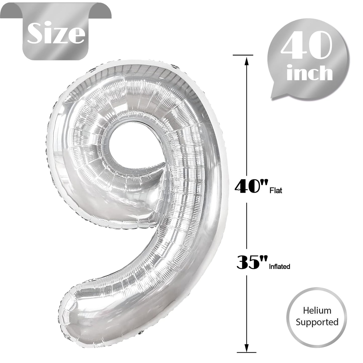 Silver Number 9 Balloon 40 Inch, 9th Birthday Party Decorations for Children, Giant 9 Foil Balloon for Party Supplies