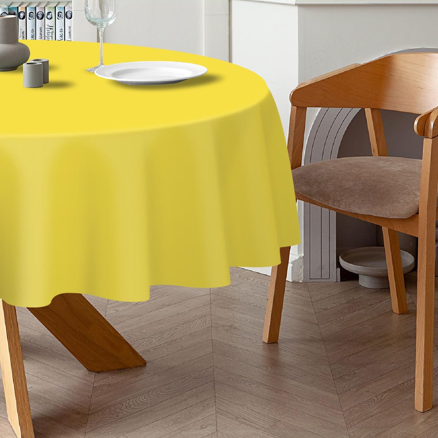 QIKSION Yellow Round Tablecloth 2 Pack, 84 Inch Plastic Table Cover Disposable for Parties