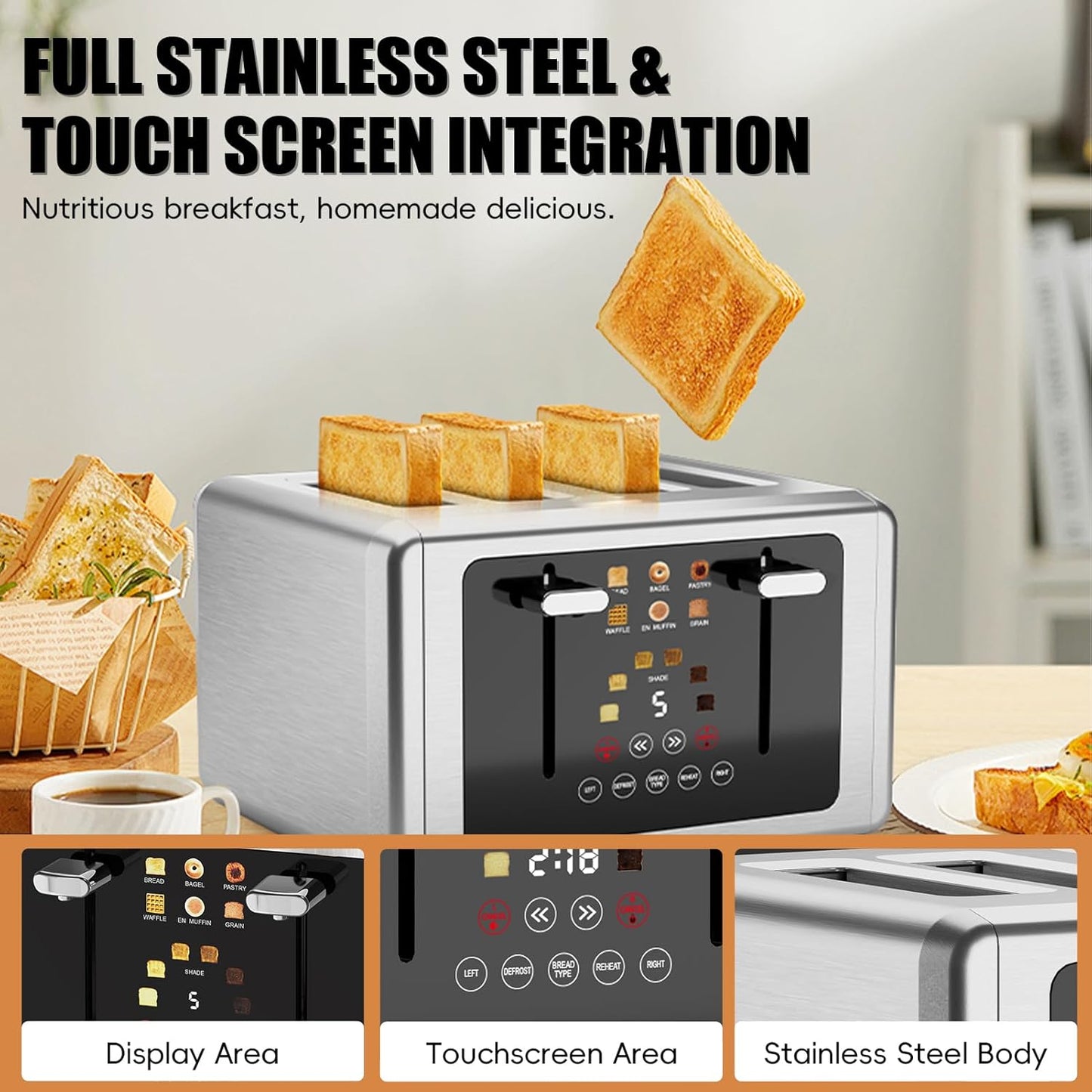 Skiennix 4-Slice Toaster - Touchscreen Control, 5 Functions & 6 Shade Settings | Stainless Steel Design