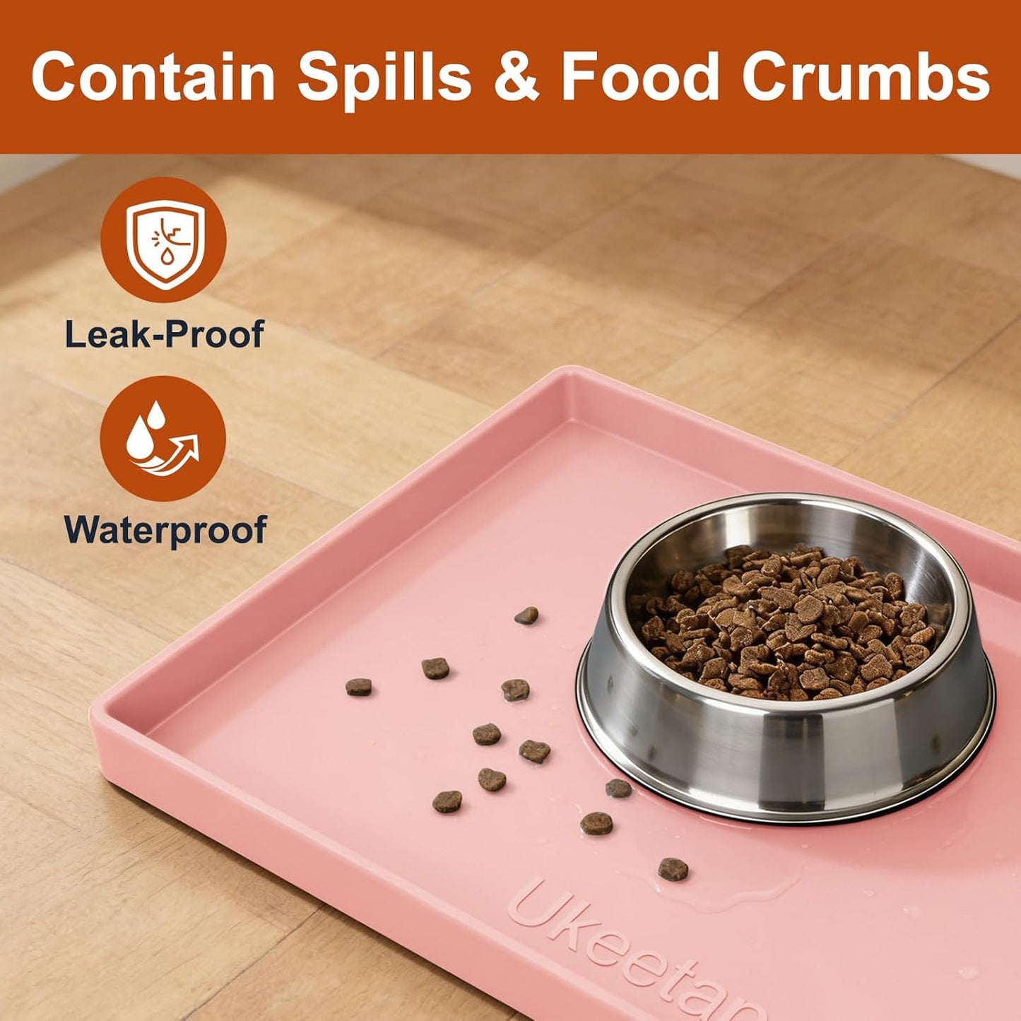 Ukeetap Extra Thick Silicone Dog & Cat Food Mat - Waterproof, Non-Slip, 19” x 12”, Pink