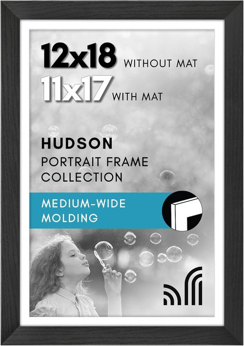 Americanflat 12x18 Poster Frame - Shatter-Resistant Glass for 11x17 or 12x18 Photos - Hudson Collection - Black