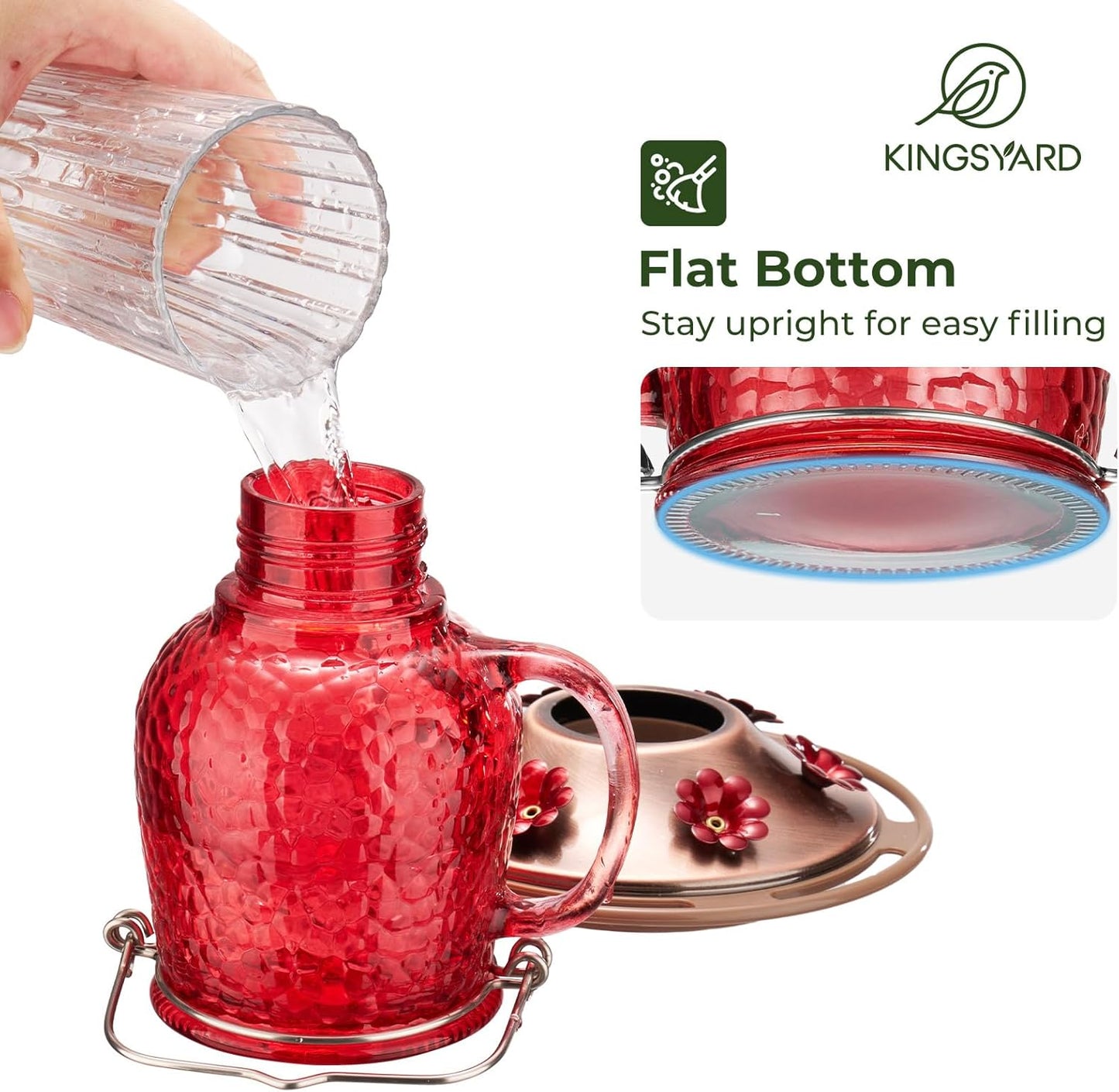 Kingsyard Hummingbird Feeder - 16 Oz Outdoor Glass Nectar Feeder with 6 Feeding Ports & Ant Moat | Red Garden Décor Gift