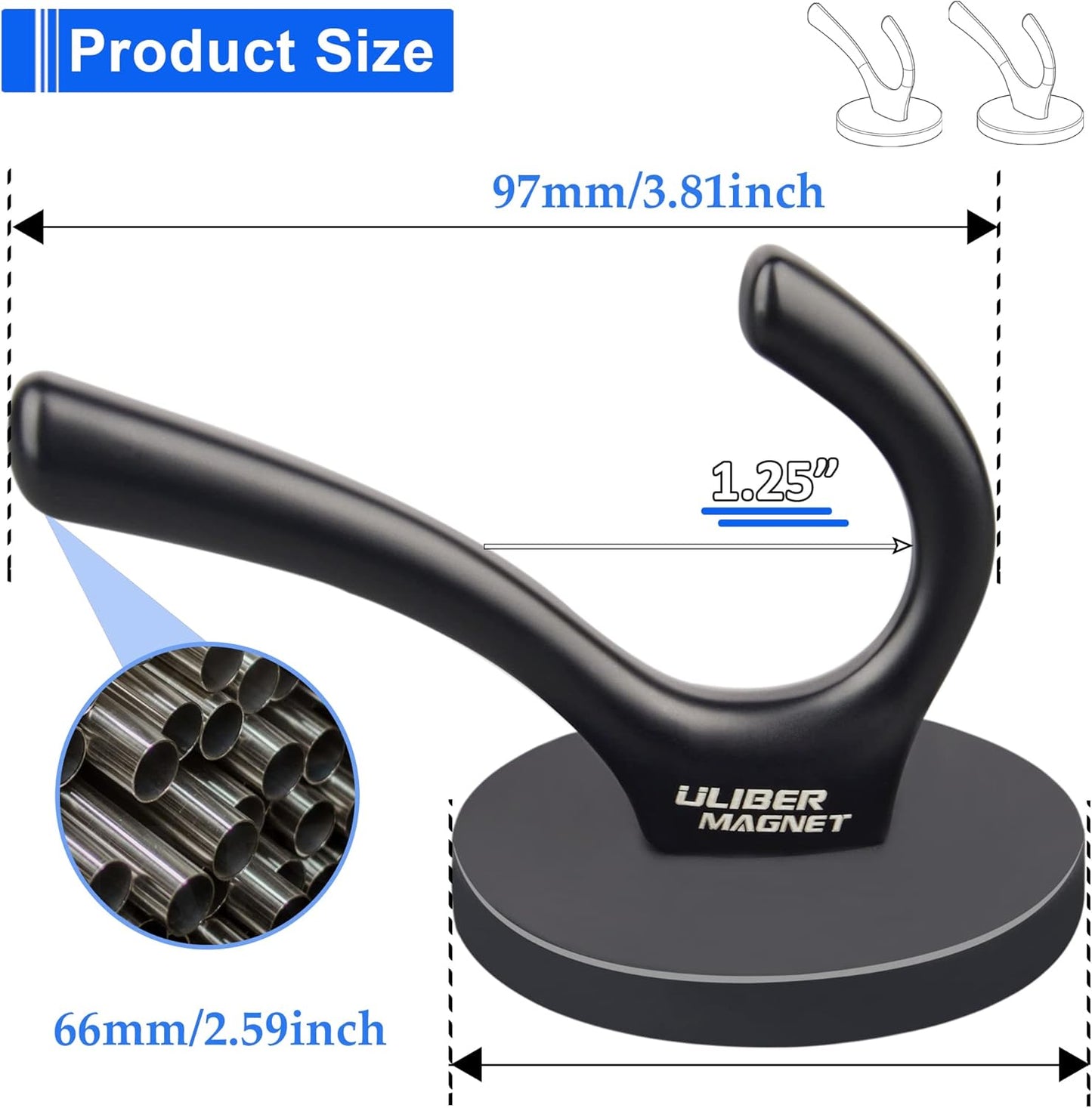 ULIBERMAGNET Heavy-Duty Magnetic Double Hooks - Sturdy Rubber Coated Coat & Towel Holders (Black, 2 Pack)