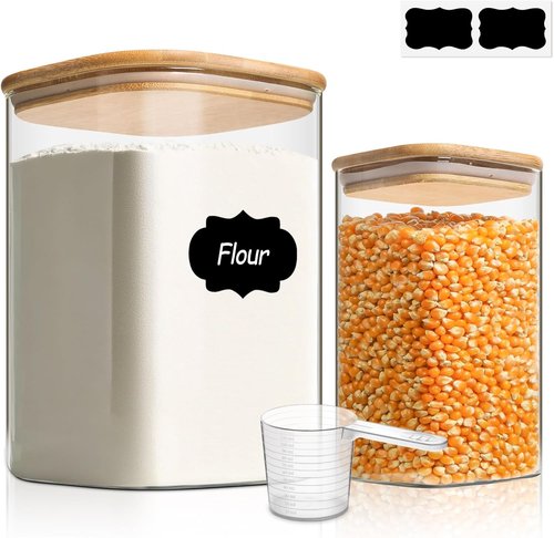 ComSaf Glass Food Storage Containers - Airtight Large Square Jars with Bamboo Lids | 3.6Qt & 1.2Qt for Flour, Sugar, Rice, Pasta, Snacks