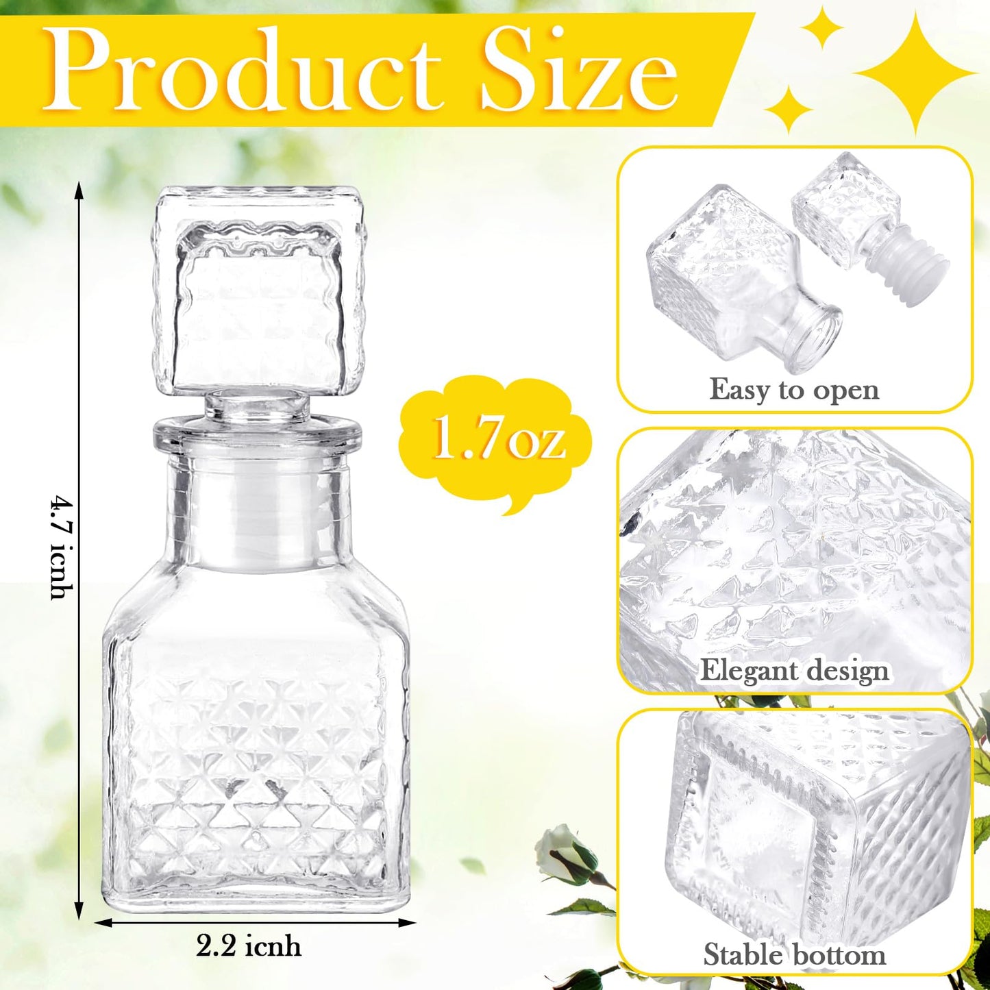 Chuangdi 24 Pcs Mini Glass Wine Bottles 1.7oz Glass Patron Bottles with Stopper Decorative Tequila Bottle for Whiskey Vanilla Extract Champagne Wedding Baby Shower Party Favors(Square Style)