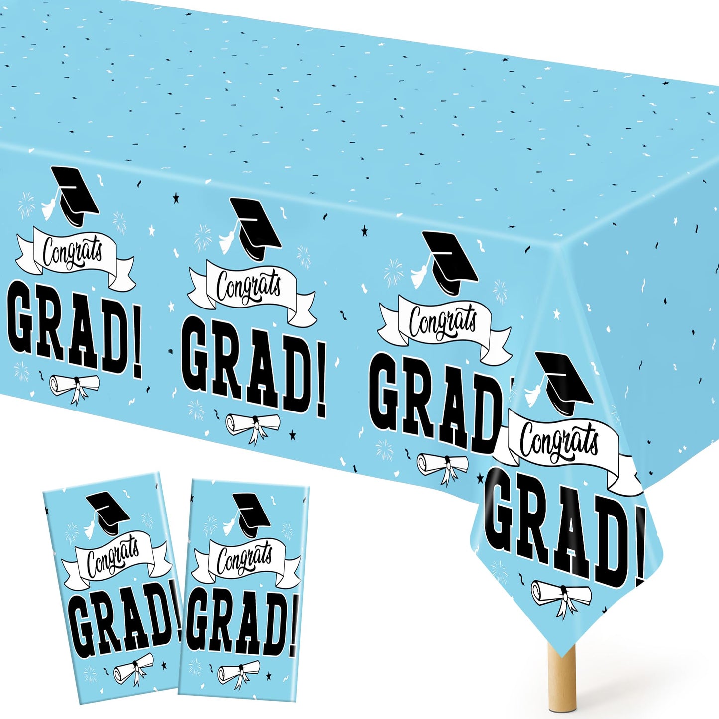 2Pcs Graduation Tablecloths, 108" X 54" Skyblue Graduation Table Decorations 2026, Rectangle Table Cloths for Class 2026 Congrats Grad, Disposable Plastic Tablecover for Grad Decor Party Supplies