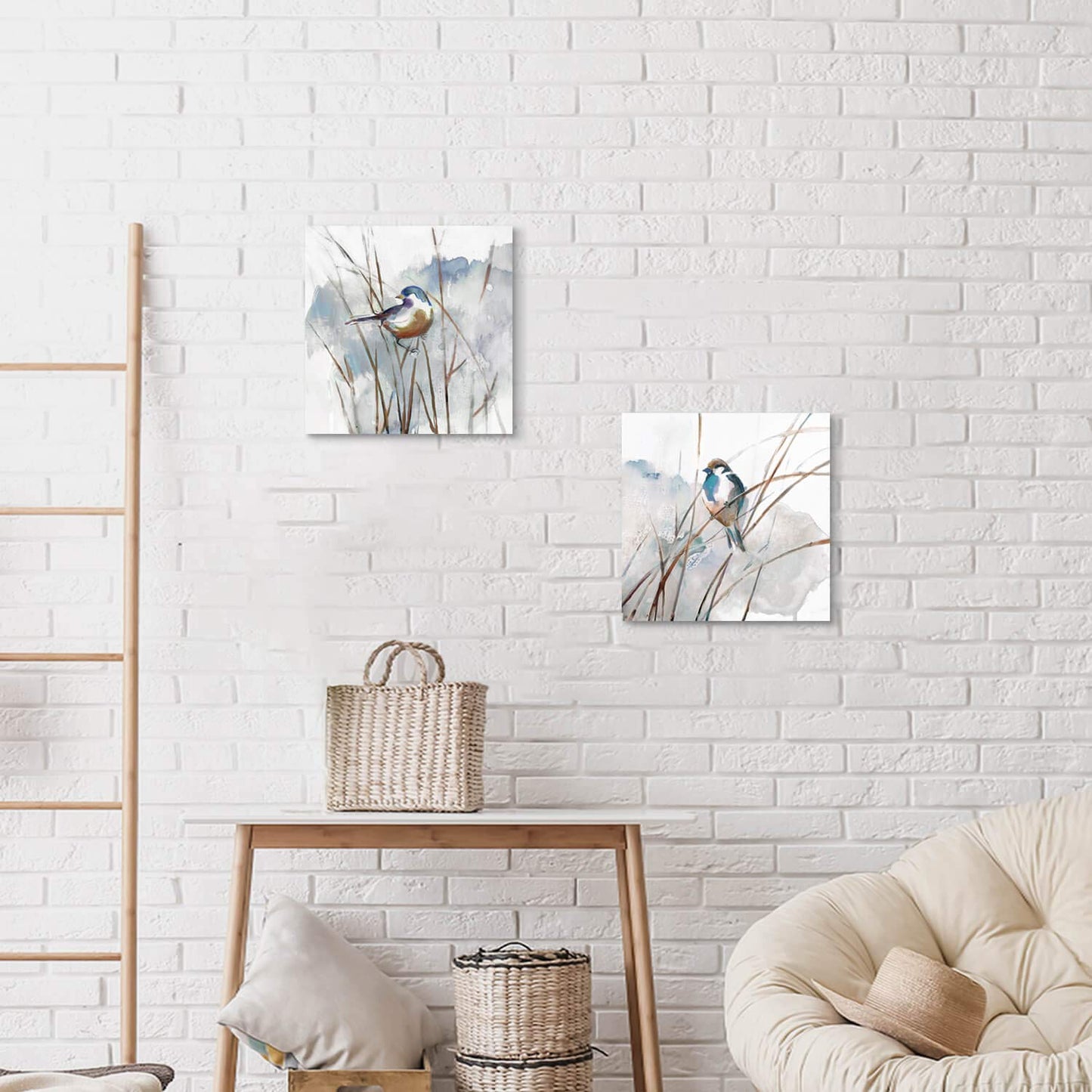 Abstract Bird Picture Wall Art: Animal Birds on Reed Artwork Painting on Canvas for Living Room (16” x 16” x 2 Panels)