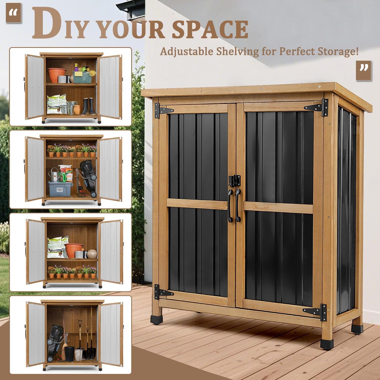 PetsCosset Weatherproof Outdoor Storage Cabinet - Lockable Wood & Metal Garden Shed for Tools & Pool Accessories