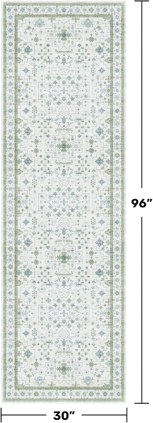 Hazo Haus Oushak Hallway Runner Rug 2'6"x8' - Vintage Floral Design, Washable & Non-Slip - Cream, Blue & Green