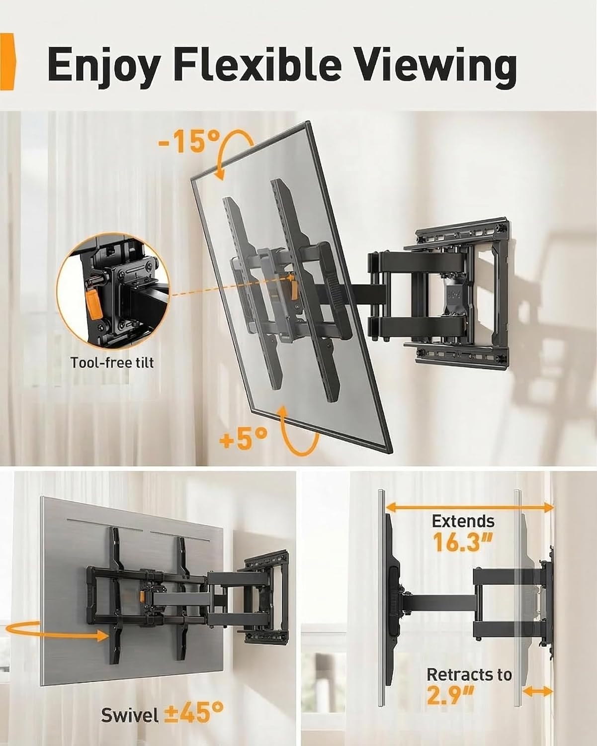 Perlegear Full Motion TV Wall Mount - Fits 42-97 Inch TVs Up to 132 lbs | Tool-Free Tilt & Swivel