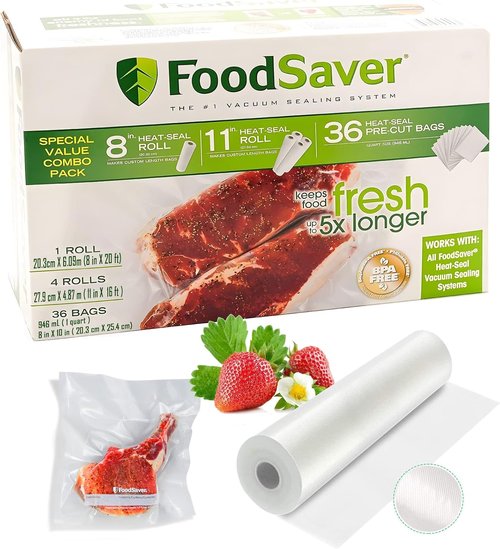 FoodSaver Vacuum Seal Combo Pack - 1-8" Roll, 4-11" Rolls & 36 Pre-Cut Bags for Freshness