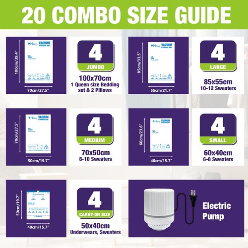 HIBAG Vacuum Storage Bags with Electric Pump, Vacuum Seal Bags for Clothing, Pillows, Blanket Bedding Comforters, 20 pack