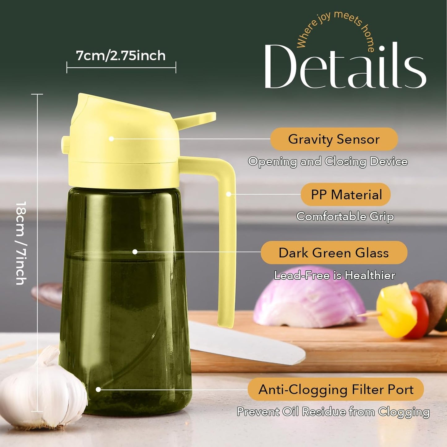 YARRAMATE Dark Green Glass Oil Sprayer - 16oz Light-Blocking 2-in-1 Olive Oil Dispenser for Cooking