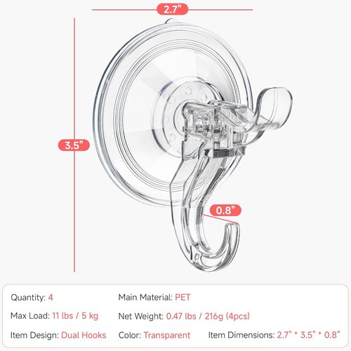 ANDGOO Large Suction Cup Hooks - Heavy Duty Removable Shower Hooks for Bathroom | Clear, 4 Pack