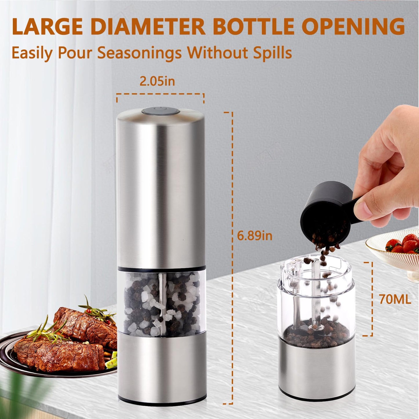 Electric Salt and Pepper Grinder Set, Automatic Battery Pepper Mill Shakers with Upgraded Larger Capacity,Stainless Steel Automatic Pepper Mill,Adjustable Ceramic Core, Dust Cover, 2 Pack