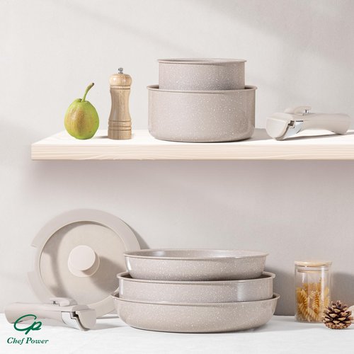 Chef Power Ceramic Nonstick Pots and Pans Set 19 Piece with Detachable Handle, Induction Dishwasher Oven Safe Cookware Set, RV Kitchen Set Removable Handle, Mocca Taupe