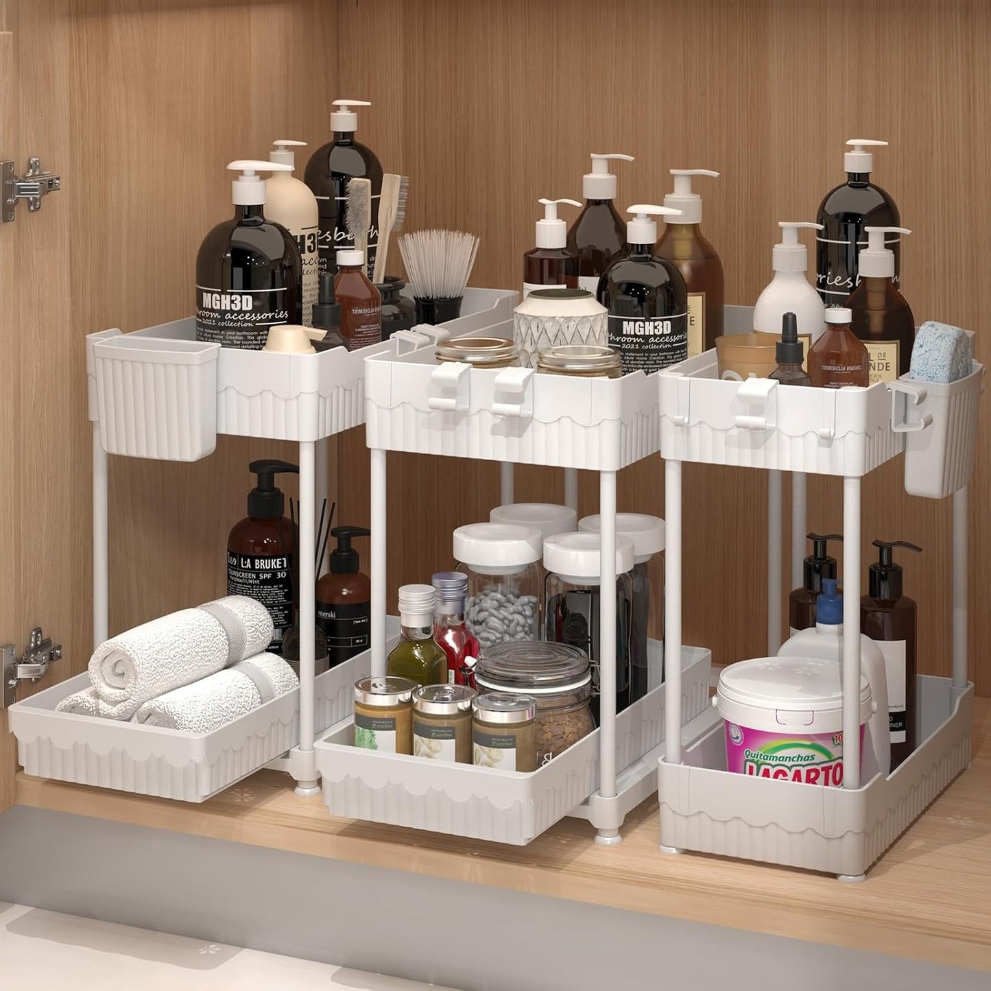 Sevenblue 3-Pack Under Sink Organizers - 2-Tier Kitchen & Bathroom Storage with Sliding Drawers | White, 12.8 Inch